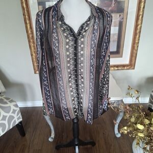 Free People Sheer Black and Blue Blouse